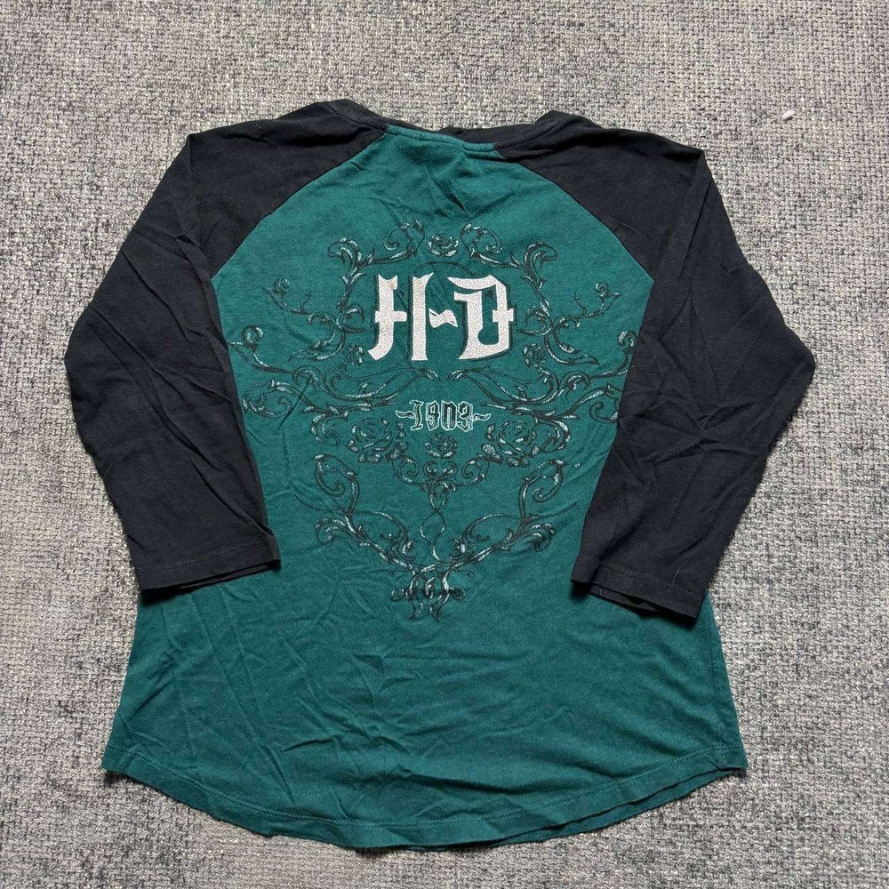 Harley Davidson Raglan Tee Womens Medium Teal Black 3/4 Sleeve‎ Biker Graphic